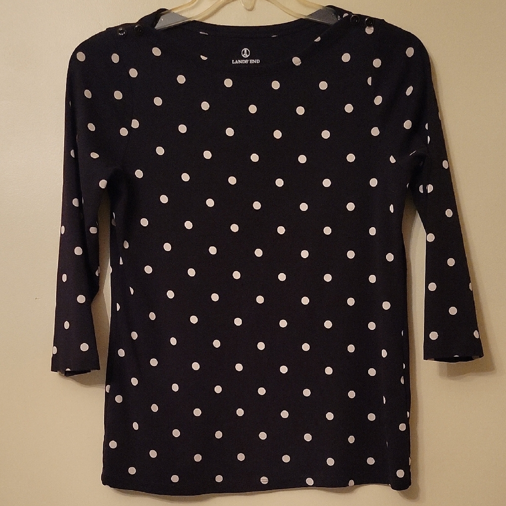 Lands' End Black and off white Polka Dot‎ Top classic 3/4 sleeve